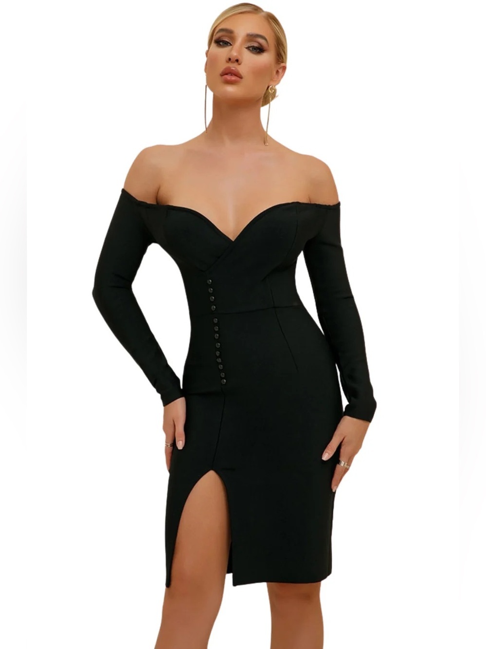 Off-Shoulder Black Bodycon Midi Dress with Front Slit Size Medium